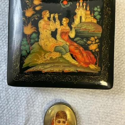 Russian Handpainted MOP Brooch And Trinket Box, Vintage