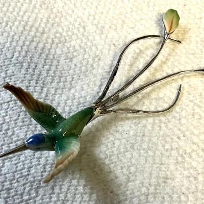 Franz Collection Long Tailed Hummingbird Brooch, Hand Painted Porcelain