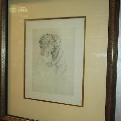 Mary Cassat dry point etching "Denise Holding Her Child"