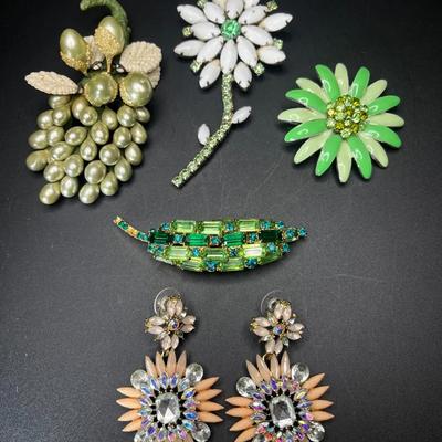 Milk Glass, Acrylic, Austrian Crystal, Faux Pearl Brooches and Earrings - Vintage
