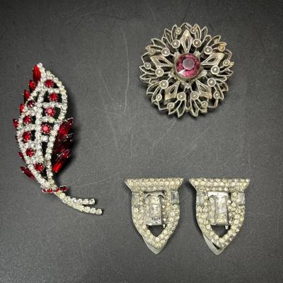 Art Deco Shoe Clip and Filigree Rhinestone Pin, Hobe Leaf Red Rhinestone Pin