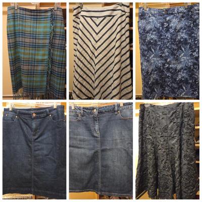 Lot of 6 Women’s Skirts Size 10 – Plaid Wool Wrap, Striped A-Line, Floral Print, Denim Skirts, Textured Black Skirt