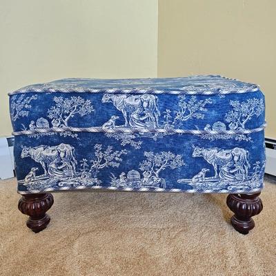Blue Toile Upholstered Ottoman Footstool – Vintage Farmhouse Cottage Chic Bench