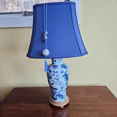 Blue & White Porcelain Vase Lamp – Floral Chinoiserie Table Lamp w/ Dark Blue Shade