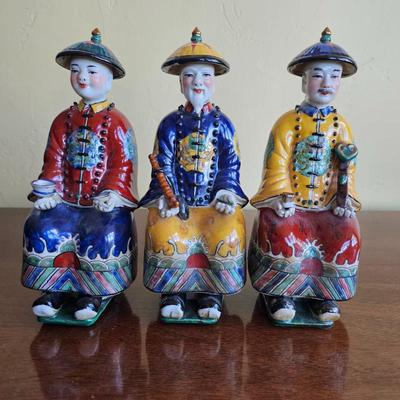 Set of 3 Vintage Chinese Emperor Figurines – Hand-Painted Porcelain Court Officials, Asian Decor