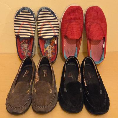 Women’s 9.5 Sketchers Memory Foam Casual Slip-On Shoes Lot – Striped, Red Knit, Moccasins – 4 Pair Bundle