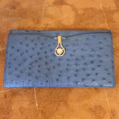 Lorenzi Genuine Blue Ostrich Leather Wallet – Gold Tone Clasp – Elegant Clutch Style