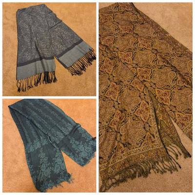 Lot of 3 Boho Paisley Wrap Scarves – Fringed Pashmina Style – Mixed Patterns & Colors