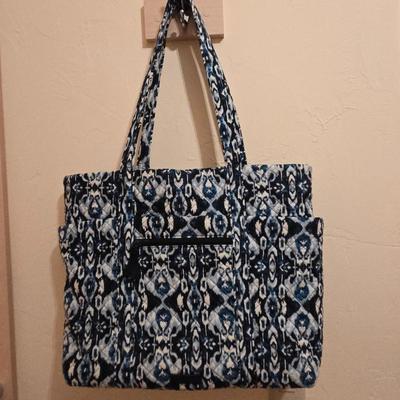 Vera Bradley Large Tote Bag – Blue White Ikat Quilted Shoulder Bag – Travel/Work Tote
