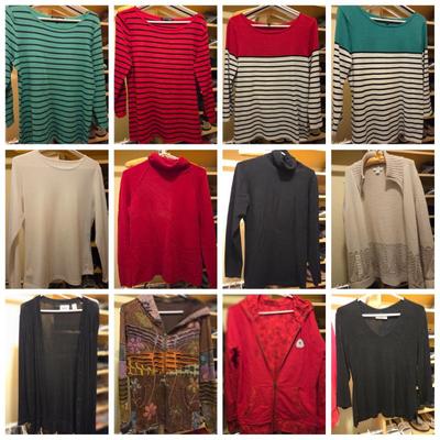 Lot of 13 Women’s Sweaters, Cardigans & Hoodies – Mixed Styles – Striped, Solid, Embroidered - Mostly Size L