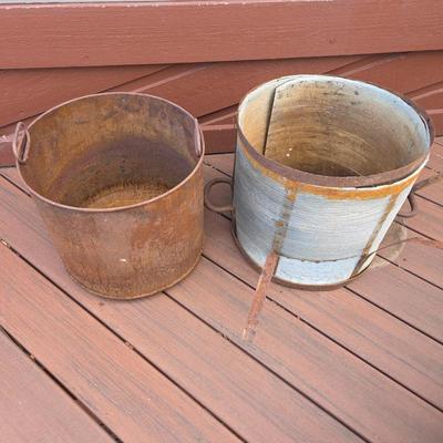 2 Rustic Metal and Wood Farm Buckets – Primitive Décor, Garden Planters, Industrial Style