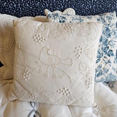 White Embroidered Throw Pillow – Bird & Vine Design - Plus Two Quilted Throw Pillows