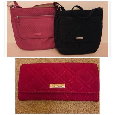 Lot of 2 Vera Bradley Quilted Mailbag Crossbody Bags in Black & Red, Plus Red Trifold Wallet