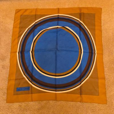 Yves Saint Laurent YSL Silk Scarf – Retro Mod Circle Print – Blue Brown Gold – 34x34"