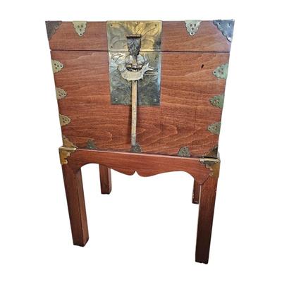 Vintage Asian Wood Chest on Stand – Brass Hardware, Decorative Trunk Cabinet