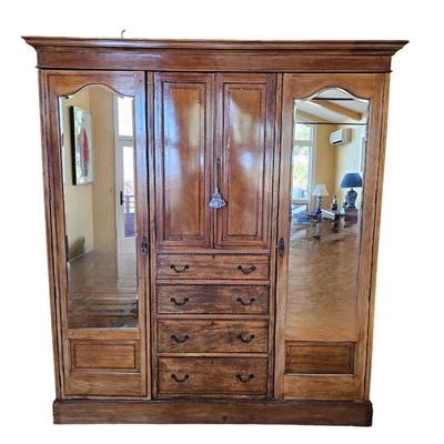 Antique Wooden Armoire Wardrobe – Mirrored Doors, Center Drawers, European Storage Cabinet