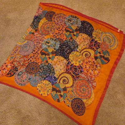 Hermes Paris Multicolor Abstract Silk Scarf – Orange Border – Artistic Mosaic Pattern