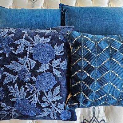 Set of 4 Blue Pottery Barn Decorative Throw Pillows – Embroidered Floral & Geometric Textured Cushion Lot