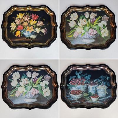 Vintage Sherwood Studio Decorative Serving Trays – Floral & Fruit Still Life – Set of 4 Scalloped Metal Trays