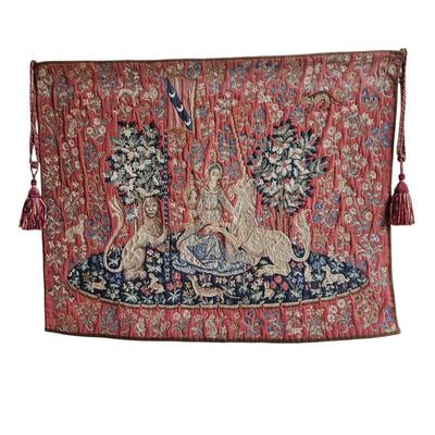 Hines of Oxford Ancient Medieval Wall Tapestry Reproduction – Lady with the Unicorn - Woven Decor w/ Tassels