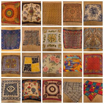 Lot of 28 Silk Scarves – Floral, Paisley, Abstract, Geometric, Boho Prints – Mixed Colors & Styles