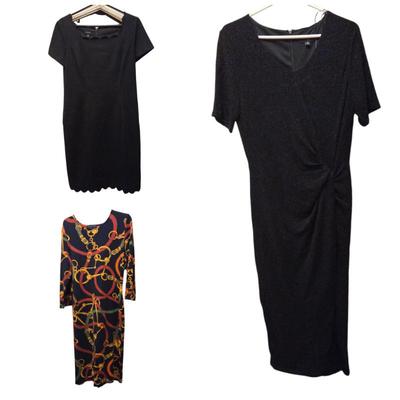 Lot of 3 Women’s Dresses Size 8-10 – Tahari Black Cocktail, Ralph Lauren Printed Maxi, Talbots Scalloped Black 
