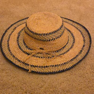 Scala Women’s Woven Straw Sun Hat – Wide Brim Beach Hat with Navy Trim & Bow