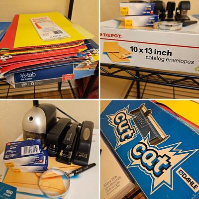 Large Office Supplies Lot – File Folders, Envelopes, Staplers, Magnifier, Paper Cutter, Storage Bin