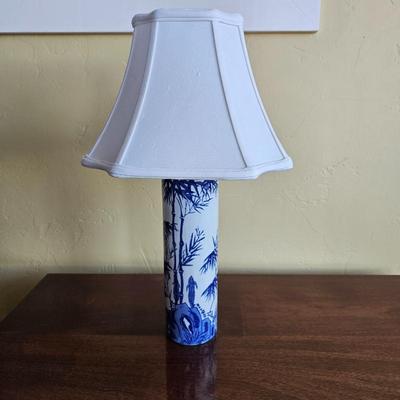 Tall Blue & White Porcelain Lamp – Bamboo Landscape Design, Chinoiserie Table Lamp