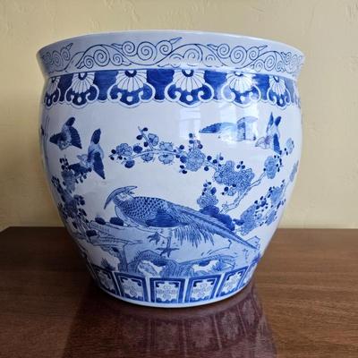 Large Blue & White Porcelain Jardiniere Planter – Peacocks & Blossoms, Chinoiserie Pot