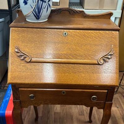 Antique Larkin Co. Tiger Oak Secretary Desk & Ceramic Lamp