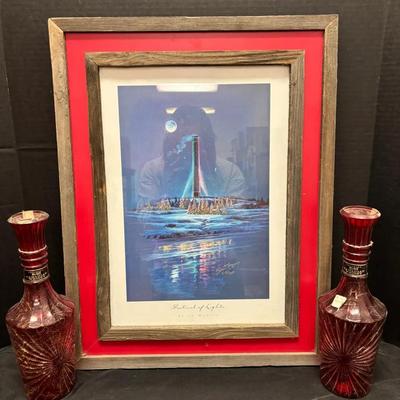 2 Vintage 1970s Red Jim Beam Decanters, ‘Festival Of Lights’ Print 215/350 Brian Morger 23”x18”
