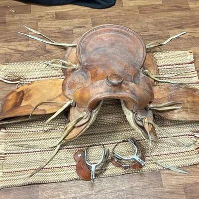 Leather Western Saddle With Wooden Stirrups 23”x17” (Excluding Leg Pieces), Horse Blanket And Spurs