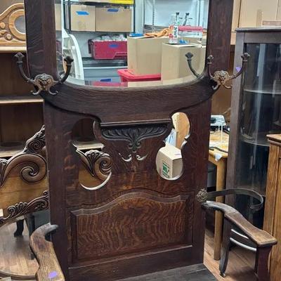 Vintage Oak Hall Tree W/ Umbrella Stand & Mirror & Assortment Of Accessories & Vintage Hats