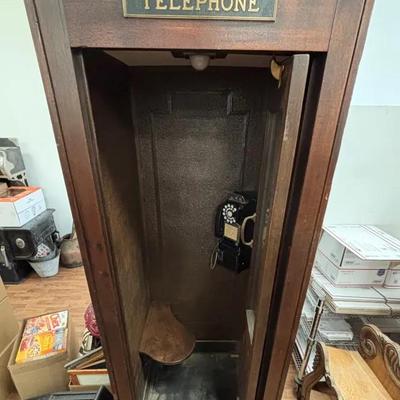 Antique Telephone Booth W/ Sliding Door & Telephone