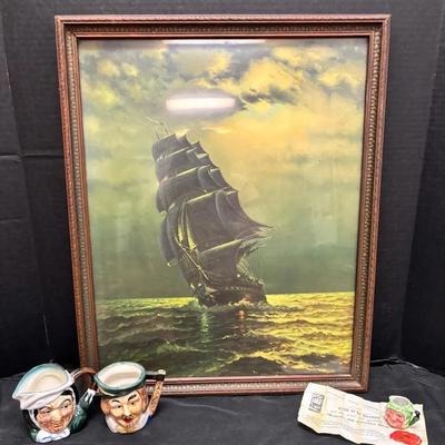 Print Of ‘Old Ironsides’ 22”x18”, Sairey Gamp Mug, Toby Mug And “Two Faces Of Grandma” 