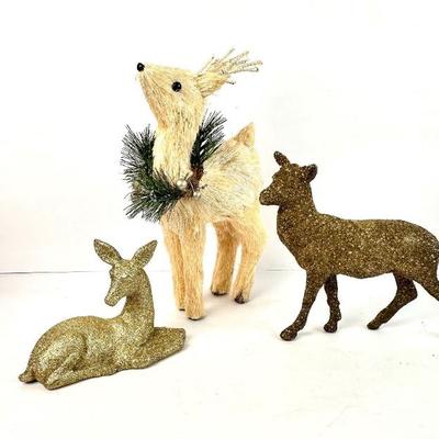Lot #139 Holiday Deer Figurine Set – Glitter Reindeer Pair & Sisal Standing Deer with Greenery