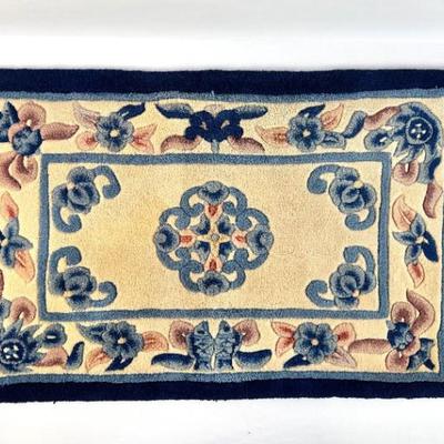 Lot #145 Vintage Chinese Art Deco Wool Scatter Rug – Hand-Tufted Floral Design, 36” × 21”, Navy & Pastel Tones