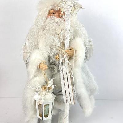 Lot #134 Snowy Father Christmas Tabletop Decor – White Santa with Lantern & Sled
