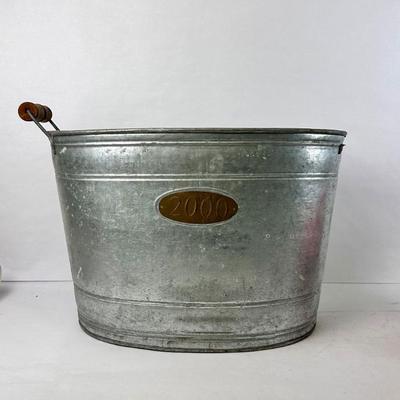 Lot #124 Large Vintage Galvanized Water Bucket – Wood Grip Handle – Brass Plate “2000” (Missing 1 Handle)