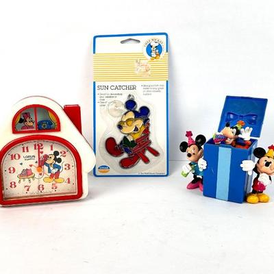 Lot #105 Vintage Disney Lot – Mickey Mouse Lorus Clock, Sun Catcher & Birthday Surprise Gift Box Figurine
