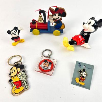 Lot #101 Disney Mickey Mouse Mixed Lot – Vintage Figurines, Key Rings, Enamel Pin & Wooden Ornament
