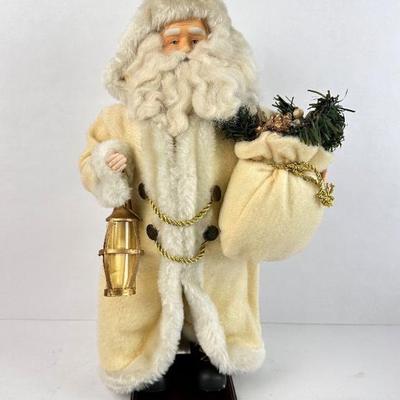 Lot #137 16” Father Christmas in Ivory Coat – Lantern & Sack Figurine on Wood Base