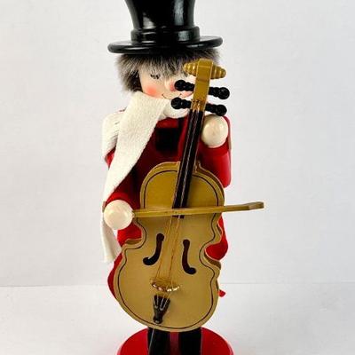 Lot #143 Wooden Christmas Nutcracker Musician • Cello Player in Top Hat & Scarf
