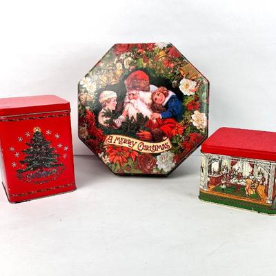 Lot #141 Christmas Tins & Plastic Octagon Box