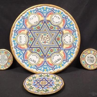 Passover Seder Plate Set Out Of Ceramic Tile And Gold Trim