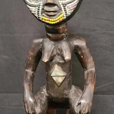 Brightly Beaded Ashanti Akua'ba Hand Carved Fertility Figure From Ghana