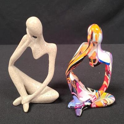 2 Resin Figurines Based On The Thinker One In Grafitti Color And One Not