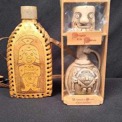Peruvian Canteen And Hand Carved Jar And Glass
