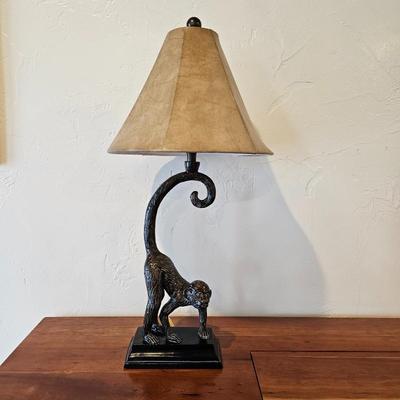 Lot #101 - Vintage Monkey Table Lamp – Sculptural Bronze-Style Figural Lamp with Curved Tail & Shade